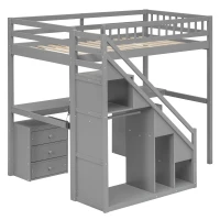 Modern Twin Loft Bed with Desk and Side Staircase, Space-Saving Storage Bed with 2 Drawers and LED Light, 79" L x 59.5" W x 68" H, Gray(m-12)