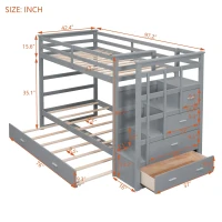 Modern Twin-over-Twin Bunk Bed with Trundle and 4 Storage Drawers, Sturdy Wooden Bed with Side Staircase, 97" L x 42.5" W x 65.5" H, Gray(m-3)