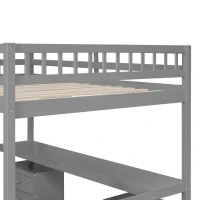 Elegant Full-Size Loft Bed with Desk and 2 Drawers, Chic Storage Bed with Side Staircase and LED Light, 79" L x 74.5" W x 68" H, Gray(m-6)