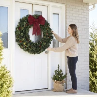HOMCOM 48" Prelit Crestwood Spruce Artificial Christmas Wreath, Christmas Decor with Bow, 8 Modes, Red Berries, Pinecones(m-8)