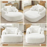 Plush Oversized Chaise Lounge with Deep Seat and Pillows, Versatile Sleeper Sofa with Corduroy and Armrests, 57.5'' L x 51.5" W x 32" H, White(m-9)