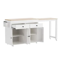 Chic Rolling Kitchen Island with Extendable Dining Table, Space-Saving Storage Cart with 4 Doors and 2 Drawers, 74.5" L x 19.5" W x 36" H, Off White(m-12)