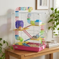 PawHut 5 Tiers Hamster Cage Portable Animal Travel Carrier w/ Exercise Wheels Tube, Pink(m-2)