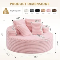 Plush Oversized Round Lounge Chair with Segmented Backrest, Velour Sofa with 4 Pillows and No Assembly, 54.5'' L x 54.5" W x 33" H, Pink(m-3)