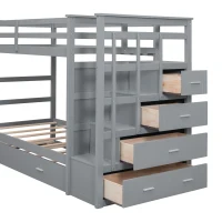 Modern Twin-over-Twin Bunk Bed with Trundle and 4 Storage Drawers, Sturdy Wooden Bed with Side Staircase, 97" L x 42.5" W x 65.5" H, Gray(m-10)