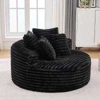 Plush Oversized Round Lounge Chair with Segmented Backrest, Velour Sofa with 4 Pillows and No Assembly, 54.5'' L x 54.5" W x 33" H, Black(m-8)