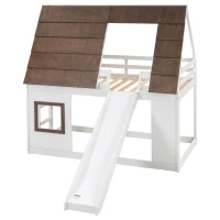 Chic Wood House Bunk Bed with Roof, Ladder and Slide, Kid-Friendly Twin Bed for Bedroom Kids Room, 78.5" L x 41.5" W x 81.5" H, White+Brown(m-2)
