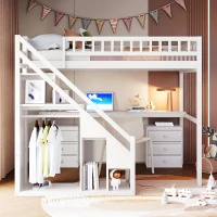 Chic Full-Size Loft Bed with Desk and LED Light, Space-Saving Storage Bed with 2 Drawers and Side Stairs, 79" L x 74.5" W x 68" H, White(m-1)