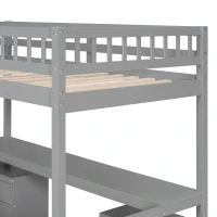 Modern Twin Loft Bed with Desk and Side Staircase, Space-Saving Storage Bed with 2 Drawers and LED Light, 79" L x 59.5" W x 68" H, Gray(m-10)