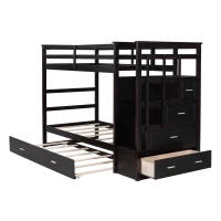 Elegant Twin-over-Twin Bunk Bed with Trundle and 4 Storage Drawers, Sturdy Bed with Staircase and Slat Kit, 97" L x 42.5" W x 65.5" H, Espresso(m-10)