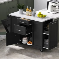 Vintage Rolling Kitchen Island with Drop-Leaf Countertop and Trash Bin, Multifunctional Storage Cart for Kitchen, 50.5" L x 26.5" W x 35.5" H, Black(m-5)
