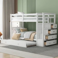 Elegant Twin-over-Twin Bunk Bed with Trundle and 4 Storage Drawers, Sturdy Pine Bed with Staircase and Slats, 97" L x 42.5" W x 65.5" H, White(m-1)