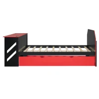 Sleek Full-Size Daybed with Twin Trundle and Desk, Modern Gaming Bed with USB Port and Cable Management, 92" L x 58" W x 35.5" H, Red(m-13)