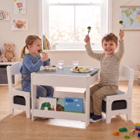 Qaba 3 Piece Kids Table and Chair Set with Reversible Tabletop, Blackboard, Storage, Bookshelf, for Playroom, Nursery, Grey