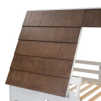 Chic Wood House Bunk Bed with Roof, Ladder and Slide, Kid-Friendly Twin Bed for Bedroom Kids Room, 78.5" L x 41.5" W x 81.5" H, White+Brown(m-10)