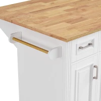 Farmhouse Rolling Kitchen Island with Rubberwood Drop Leaf, Spacious Storage Cart with 4 Doors and 3 Drawers, 54" L x 29.5" W x 36" H, White(m-8)