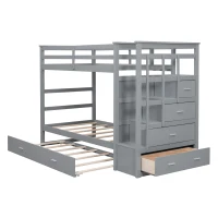 Modern Twin-over-Twin Bunk Bed with Trundle and 4 Storage Drawers, Sturdy Wooden Bed with Side Staircase, 97" L x 42.5" W x 65.5" H, Gray(m-12)