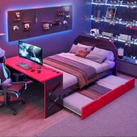 Sleek Full-Size Daybed with Twin Trundle and Desk, Modern Gaming Bed with USB Port and Cable Management, 92" L x 58" W x 35.5" H, Red(m-5)