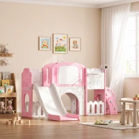 Qaba 7 in 1 Toddler Slide with Basketball Hoop, Climbing Frame, Telescope, Drawing Board, Crawl Tunnel for Ages 1-3, Pink(m-8)