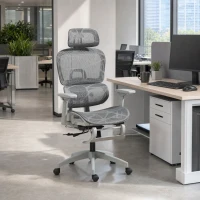 HOMCOM Ergonomic Office Chair with Lumbar Support, Mesh Office Chair with 3D Armrest, 135° Reclining, Adjustable Headrest, Grey(m-8)