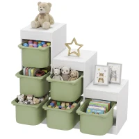 Qaba 3 Layers Toy Storage Organizer Kids Bookshelf Children Toy Storage w/ 6 Plastic Bins, Green(m-11)