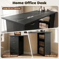 HOMCOM Computer Desk, 47" Writing Table with 3-Tier Shelves and 3 Reversible Drawers for Home Office, Bedroom, Black(m-4)