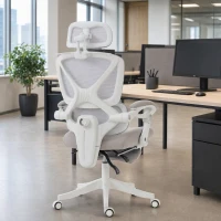 HOMCOM Mesh Desk Chair with Adjustable Headrest, Reclining Ergonomic Office Chair with Footrest, Light Grey(m-17)