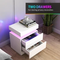HOMCOM Nightstand Set of 2, End Side Tables with LED Lights, Bedside Tables with 2 Drawers, for Bedroom, White(m-6)