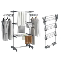 HOMCOM 3-Tier Foldable Clothes Drying Rack, Stainless Steel Laundry Rack with 2 Side Wings and 6 Castors, Grey(m-9)