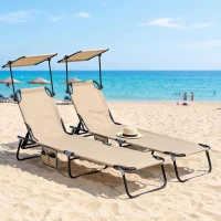 Outsunny Chaise Lounge Pool Lounge Chairs Set of 2, Outdoor Sun Tanning Chairs, Reclining Back, Steel Frame and Side Pocket, Tan(m-9)