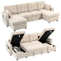 HOMCOM Sectional Sofa Bed, 113" U Shaped Pull Out Sleeper Sofa Bed with Dual Storage Chaises, Wide and Deep Seat, Beige(m-11)