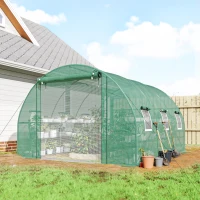 Outsunny 10'x11'x6' Walk-in Tunnel Greenhouse with Shelves, Mesh Door and Windows, Hoop House Greenhouse with PE Cover, Green(m-2)