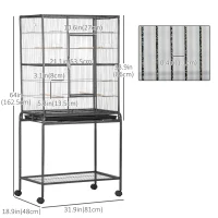 PawHut Large Rolling Metal Bird Cage Bird House with Detachable Rolling Stand, Storage Shelf, Wood Perch Food Container - Black(m-3)