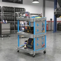 HOMCOM 3-Tier Rolling Tool Cart with Pegboard and Hooks, 286 LBS Capacity, Mobile Organizer, Gray and Blue(m-2)