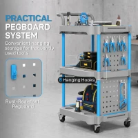 HOMCOM 3-Tier Rolling Tool Cart with Pegboard and Hooks, 286 LBS Capacity, Mobile Organizer, Gray and Blue(m-7)