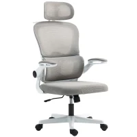 HOMCOM Mesh Office Chair, Ergonomic Desk Chair with Flip-up Armrest, Rotatable Headrest, Adjustable Lumbar Support, Grey(m-2)
