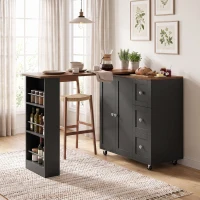 HOMCOM Bar Table with Storage Counter Height Table 3 Drawers Side Shelves, Walnut and Black(m-2)