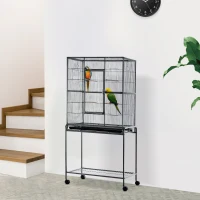 PawHut Large Rolling Metal Bird Cage Bird House with Detachable Rolling Stand, Storage Shelf, Wood Perch Food Container - Black(m-1)