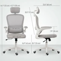 HOMCOM Ergonomic Mesh Office Chair, High Back Desk Chair with Rotatable Headrest, Flip-Up Armrests, Lumbar Support, Grey, White(m-3)