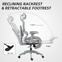 HOMCOM Ergonomic Office Chair with Lumbar Support, Mesh Office Chair with 3D Armrest, 135° Reclining, Adjustable Headrest, Grey(m-6)
