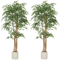 HOMCOM 6FT Artificial Banyan Tree Set of 2, Fake Potted Tree with Solid Wood Trunk and Pot for Indoor(m-2)