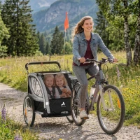 Aosom 2 Seat Bike Trailer for Kids 2-in-1 Baby Stroller with Handbrake, Rubber Wheels, 5 Point Harness, Reflectors, Grey(m-1)