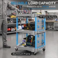 HOMCOM 3-Tier Rolling Tool Cart with Pegboard and Hooks, 286 LBS Capacity, Mobile Organizer, Gray and Blue(m-6)