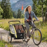 Aosom 2 Seat Bike Trailer for Kids 2-in-1 Double Baby Stroller with Handbrake, Rubber Wheels, 5 Point Harness, Yellow(m-1)