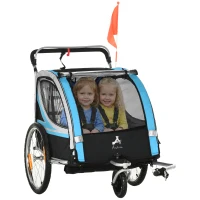 Aosom 2 Seat Bike Trailer for Kids 2-in-1 Double Baby Stroller with Handbrake, Rubber Wheels, 5 Point Harness, Blue(m-2)