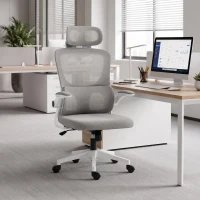 HOMCOM Mesh Office Chair, Ergonomic Desk Chair with Flip-up Armrest, Rotatable Headrest, Adjustable Lumbar Support, Grey(m-8)
