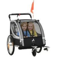 Aosom 2 Seat Bike Trailer for Kids 2-in-1 Baby Stroller with Handbrake, Rubber Wheels, 5 Point Harness, Reflectors, Grey(m-9)