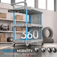 HOMCOM 3-Tier Rolling Tool Cart with Pegboard and Hooks, 286 LBS Capacity, Mobile Organizer, Gray and Blue(m-5)