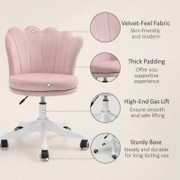 HOMCOM Adjustable Height work Chair, Mid Back Velvet Office Chair with Swivel Wheels, Pink(m-6)