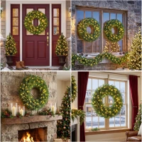 HOMCOM Christmas Decoration, 36 in Pre-Lit Norwegian Spruce Artificial Christmas Wreath with 100 LED Lights, Green(m-2)